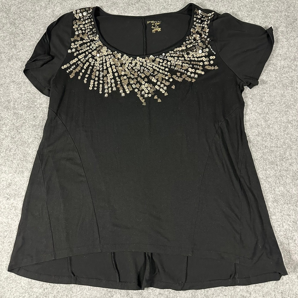 Lane Bryant Sequin Embellished Top Womens 16 Black Short Sleeve Scoop Neck